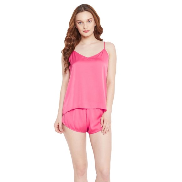 Solid Parasite Pink 2 Pcs Satin Shorts Sleepwear for Women - Picture 2 of 7